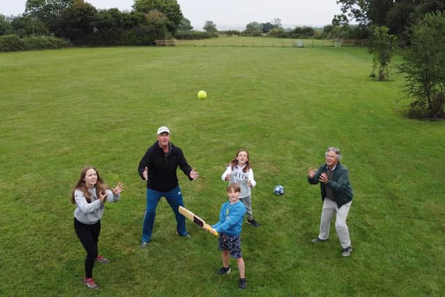 Front left, Claude Henderson on the open space in Church Langton with Mia Henderson 14, Harry Bromwich, 8, Lea Bromwich, 14, and Anthony Lawton.
PICTURE: ANDREW CARPENTER