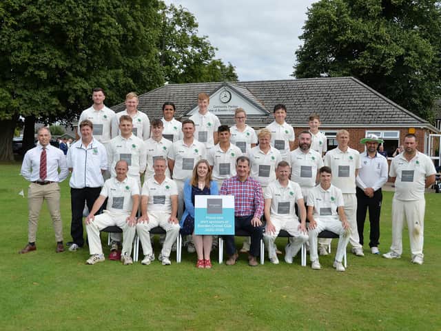 Bowden Cricket Club staged their successful President’s Day last weekend. The event was backed by shirt sponsors Andrew and Kathryn Cartwright of Wingates Gallery who posed for the camera with the players of the Bowden XI and President’s Invitiational XI. Picture by Andrew Carpenter
