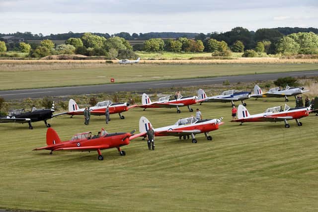 The chipmunks land back at Stoughton airport after forming a 75 for the anniversary.
PICTURE: ANDREW CARPENTER