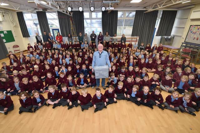 Centre, Bob Morris chairman of Gilmorton History Group during the Gilmorton Chandler Church of England school assembly.
PICTURE: ANDREW CARPENTER