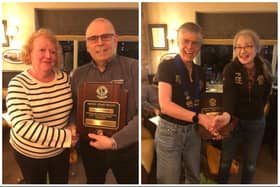 Left: Paul receiving his award from treasurer Maggie. Right: President Sarah receiving her award from club Secretary Ruth.