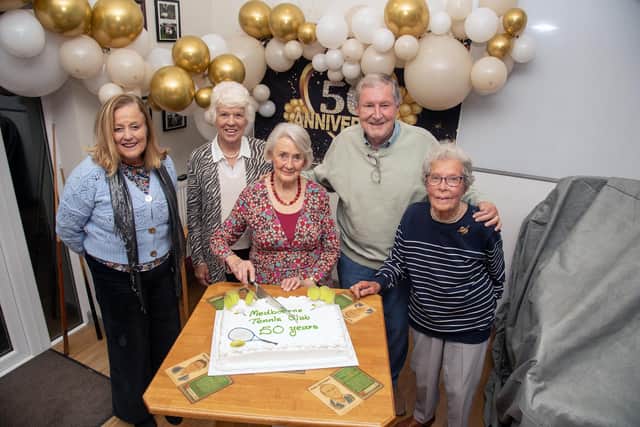 Medbourne Tennis Club is celebrating its 50th anniversary. From left long serving members, Amanda Gilliam, Penny politico., Helen Roberts, Peter Stanier and Val Tyler. PICTURE: ANDREW CATPENTER