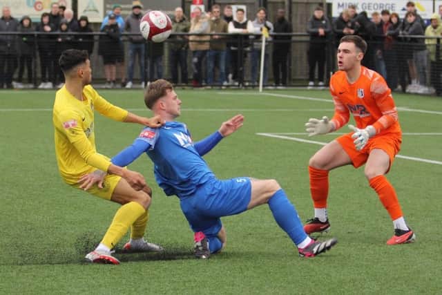 Action from Harborough Town's 1-1 Pitching-In Northern Premier League Midlands Division draw with Corby Town (Picture: Phil Passingham)