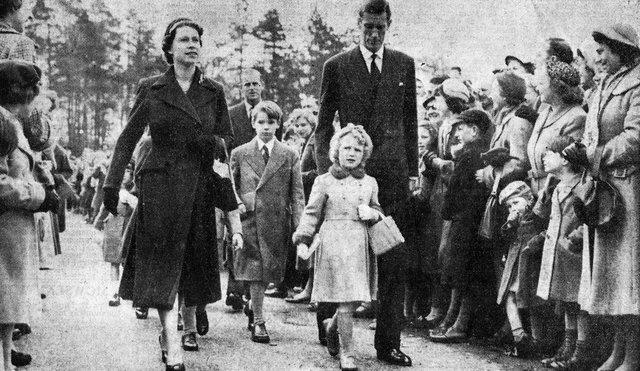 H M The Queen with Princess Anne and Lt Col Harold Phillips coming to All Saints Church, Lubenham, on 25th March 1956. From The Harborough Advertiser & Midland Mail 29th March 1956