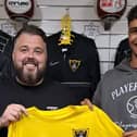 Harborough Town boss Mitch Austin with new signing Kai Tonge (Picture courtesy of @HarbTownFC)