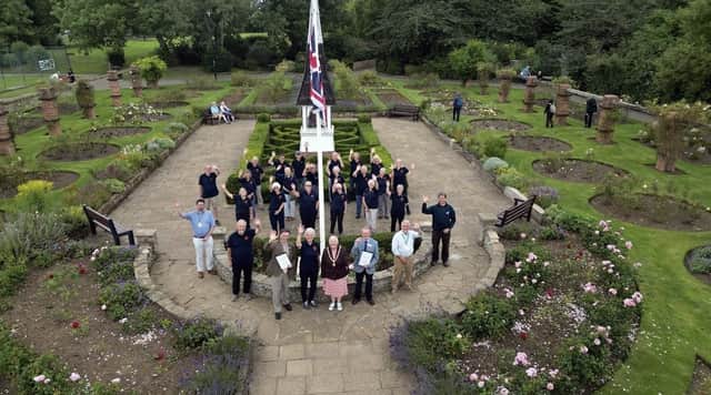 Britain in Bloom judges with Chairman Cllr Barbara Johnson and Harborough in Bloom volunteers at Welland Park rose garden