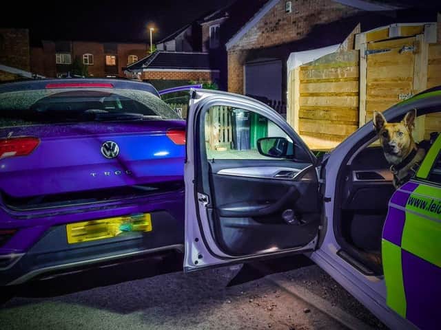 Deadly weapons were seized after a police dog helped to track down a suspect using a stolen car to commit crime in south Leicestershire last night (Tuesday).