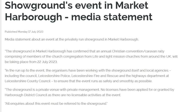 Harborough District Council has released a statement after event organisers publicly declared the event.