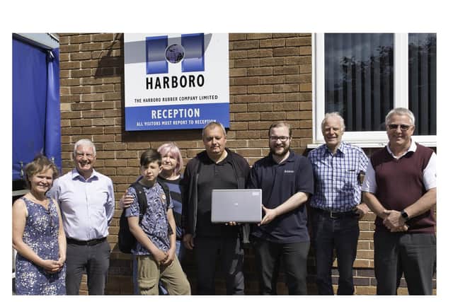 Kirsty Clarke, Tim Windle (sales director at Harboro Rubber Co (HRC)), Yegor, Hanna and Gennadi, Matthew Atkinson (HRC IT), Angus Clarke and Steve Brown (technical director at HRC).