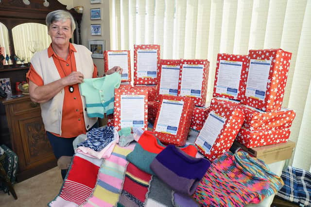 Myra Cox of Little Bowden has been filling shoeboxes for the Link to Hope charity appeal.
PICTURE: ANDREW CARPENTER