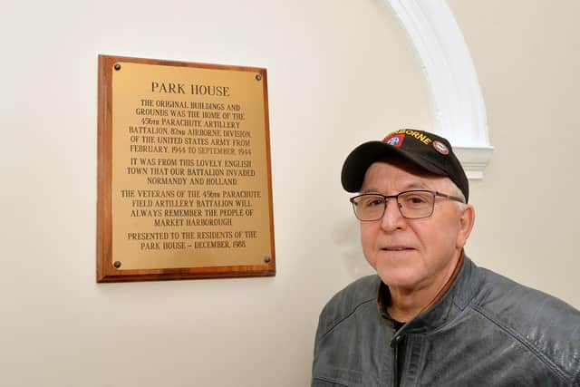 Bill Bonnamy, 70, has flown 4,000 miles to come to the town as he strives to find out a lot more about his father’s old division, the crack 82nd Airborne. Inside Park House with the plaque.
PICTURE: ANDREW CARPENTER