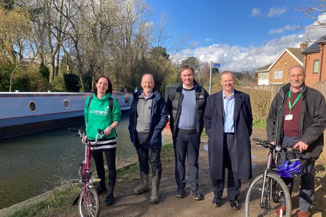 Clare Maltby from Sustrans with Alan Leather from the Canal & River Trust, Cllr Simon Whelband, MP Neil O’Brien, and David Wright from HDC