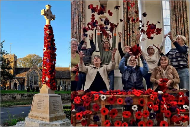The war memorial, and ladies with the poppies. Picture: Mim Nance