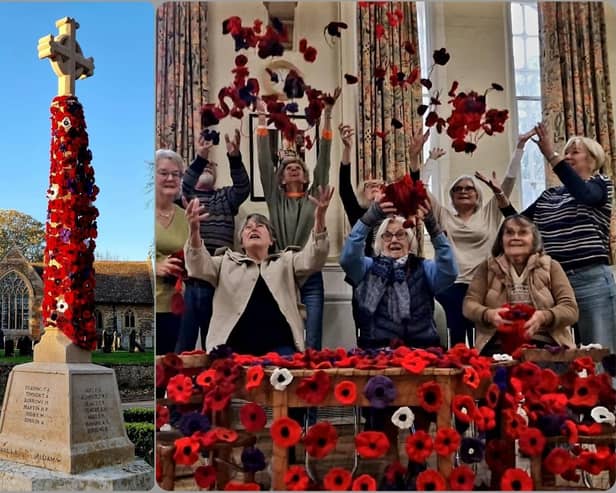 The war memorial, and ladies with the poppies. Picture: Mim Nance