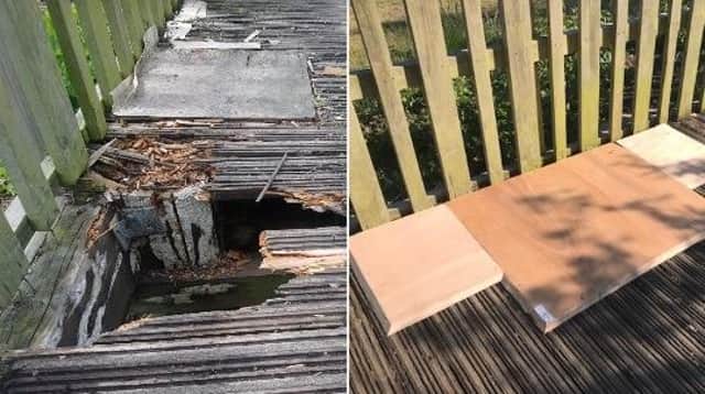 A “dangerous” gaping hole in a well-used footbridge in Market Harborough has been hastily patched up after being blasted by a furious district councillor. Photos courtesy of HFM.