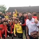 The Harborough Town players were all smiles after they won 2-1 at Lye Town to move into the second qualifying round of the FA Cup for the first time in the club's history. Picture courtesy of Harborough Town FC