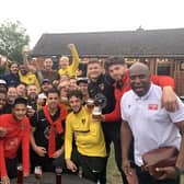 The Harborough Town players were all smiles after they won 2-1 at Lye Town to move into the second qualifying round of the FA Cup for the first time in the club's history. Picture courtesy of Harborough Town FC