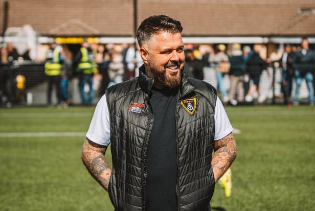 Mitch Austin jokingly blamed his new trainers for Harborough Town's defeat at Brackley. (Photo credit: RB Media)