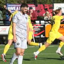 Brady Hickey runs away to celebrate his dramatic last-gasp winner for Harborough against Worksop Town on Saturday (Picture: Phil Passingham)