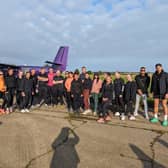 Dean pictured (far right) alongside some of his bootcampers before taking on the Skydive bootcamp.