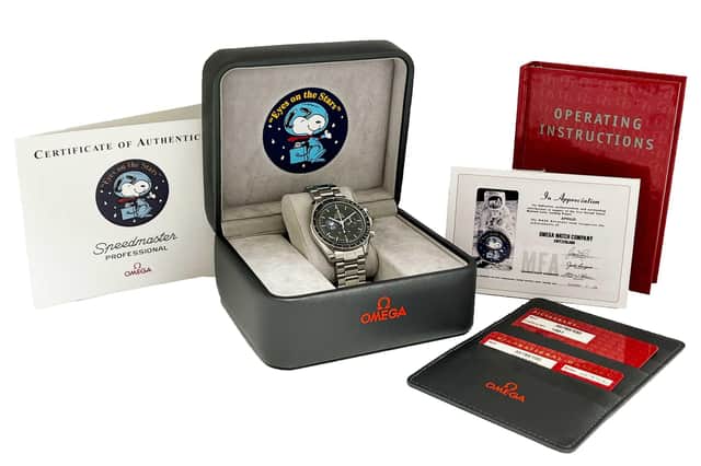 The Omega gentleman's Speedmaster Professional ‘Eyes on the Stars’ Snoopy Award wristwatch was snapped up for £14,260, including charges, at Gildings Auctioneers.