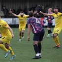 A delighted Josh Walsh gets ready to celebrate after firing Harborough Town into a 2-0 lead against Peterborough Sports (Picture: Phil Passingham)