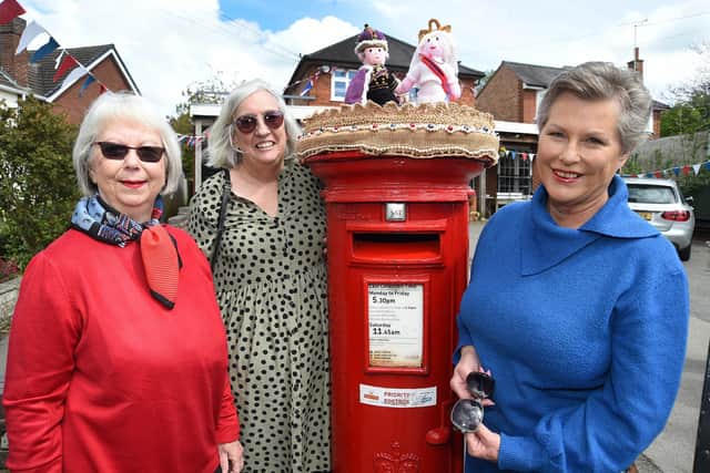 Coronation post box toppers...Lyn Francis, Linda Osborne and Yvonne Scott outside Great Glen post office.