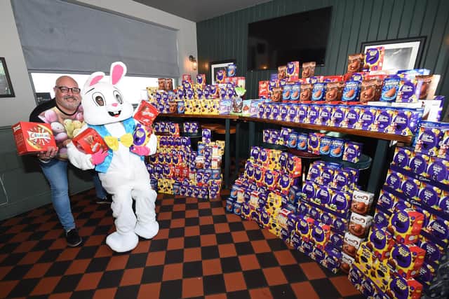Derek Ward and Sam Shields dressed as a Easter Bunny have collected over 700 Easter Eggs for Leicester Royal Infirmary Children's Ward and The Well in Kibworth.
PICTURE: ANDREW CARPENTER