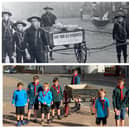 These amazing photos show Kibworth youngsters from the same scout group, stood in the same location, using the same wooden cart - over 100 years apart.