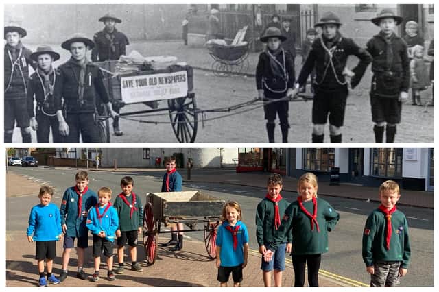 These amazing photos show Kibworth youngsters from the same scout group, stood in the same location, using the same wooden cart - over 100 years apart.