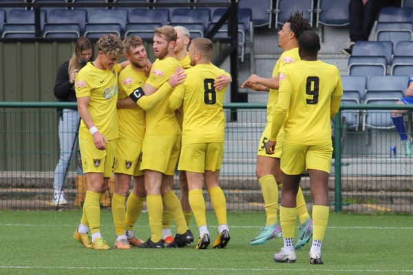 Harborough Town’s players celebrate Connor Kennedy’s match-winning goal at Sutton Coldfield on Saturday (Picture: Phil Passingham)​