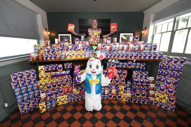 Derek Ward and Sam Shields dressed as a Easter Bunny have collected over 700 Easter Eggs for Leicester Royal Infirmary Children's Ward and The Well in Kibworth.
PICTURE: ANDREW CARPENTER