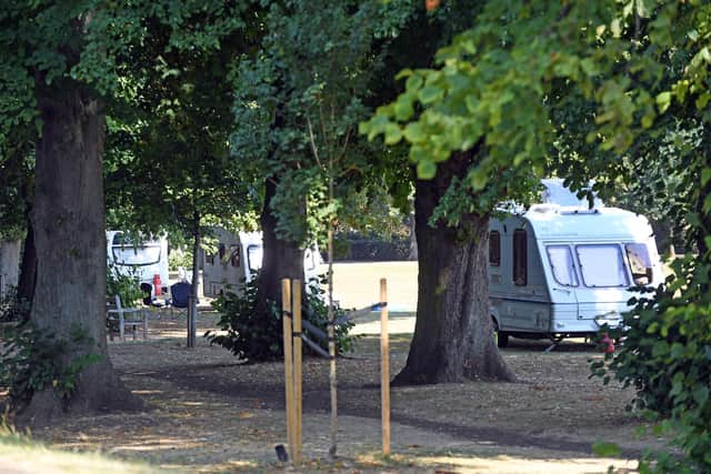 Travellers have set up camp in Little Bowden recreation ground.
PICTURE: ANDREW CARPENTER