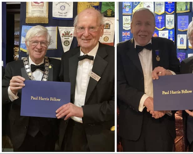 Brian Smith (pictured left) and Ian Clarkson were presented with a Paul Harris Fellow award by Rotary District Governor David Kendrick.