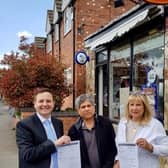Alberto Costa with former postmaster Nav Vara and Cllr Rosita Page outside the Ullesthorpe post office in 2019.