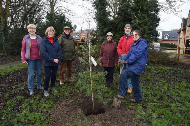 Far right, Beth Garrard plants a Holm Oak with, Gill Wollerton, Vicki Bray chairman, Mike Huxley, Jayne Huxley and Clive Garrard.
