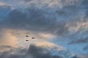 The Royal Air Force’s iconic aerobatics team were caught on camera by Mike Lee, over the village of East Farndon at just after 9pm as darkness began to fall.