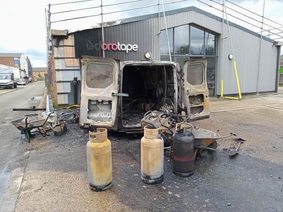 Firefighters raced to battle a blazing works van packed with explosive butane gas bottles in Market Harborough this morning. A fire crew from Market Harborough fire station on Fairfield Road and an appliance from Wigston dashed to tackle the burning vehicle after the alarm was raised at 9.13am.