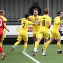 Ben Stephens runs away to celebrate after scoring Harborough Town's first goal in their 2-0 win FA Trophy over Hednesford (Picture: Phil Passingham)