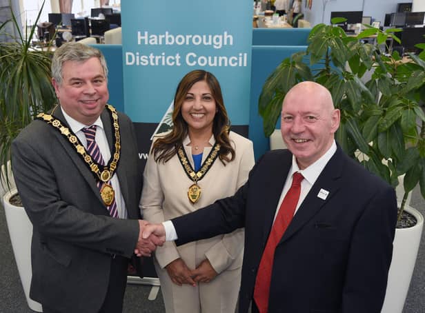 Outgoing chairman Stephen Bilbie welcomes the new chairman Councillor Neil Bannister and vice chairman Councillor Rani Mahal.
PICTURE: ANDREW CARPENTER