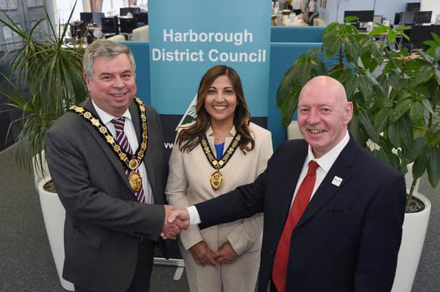 Outgoing chairman Stephen Bilbie welcomes the new chairman Councillor Neil Bannister and vice chairman Councillor Rani Mahal.
PICTURE: ANDREW CARPENTER