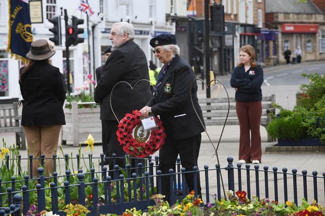 Pat Middleton on behalf of the WRENS during the wreath laying on VE Day.PICTURE: ANDREW CARPENTER