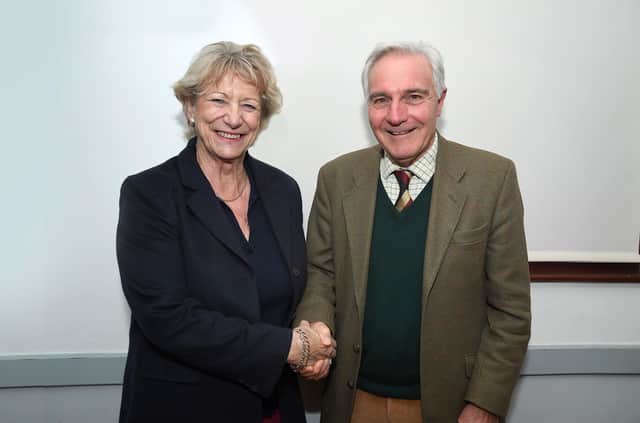 Out going president Andrew Bishop welcomes new Blaston Show president Janet Meek OBE.