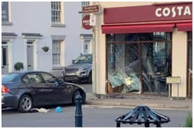 The BMW crashed into Costa in Church Street just before 6am this morning (Wednesday).