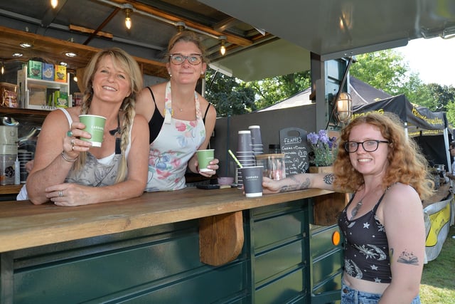 Sally-Anne Ashford and Penny Marr with Leah Tones during the Food and Drink Festival at Welland Park during the Bank Holiday weekend.