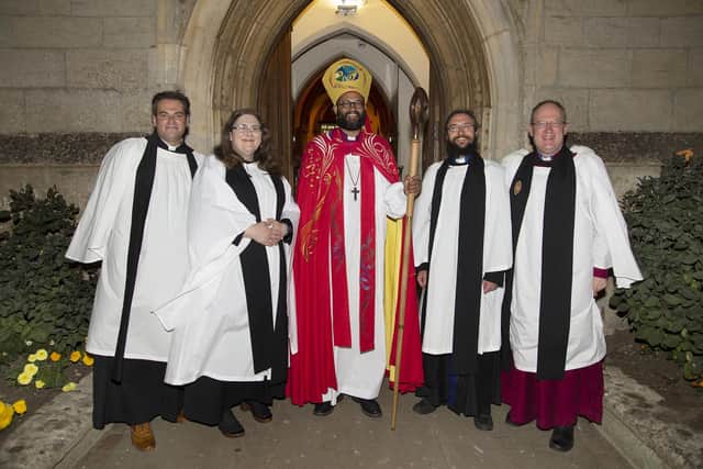 From left, Revd Barry Hill, Revd Vicki Bryson, Bishop of Loughborough Saju Muthalay, Rev'd Phil Bryson and Archdeacon Richard Worsfold after the service.
PICTURE: ANDREW CARPENTER