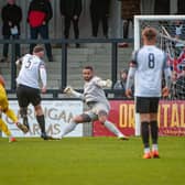 James Ireland opened the scoring in Harborough Town's fine win at Corby Town last weekend. Picture by Jim Darrah