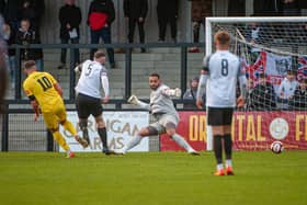 James Ireland opened the scoring in Harborough Town's fine win at Corby Town last weekend. Picture by Jim Darrah