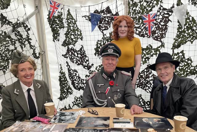 Singer Anne-Marie Marlow with some of the original cast of 'Allo Allo' Kim Hartman as Private Helga Geerhart, Guy Siner as Hubert Gruber and Richard Gibson as Herr Otto Flick.
PICTURE: ANNE-MARIE MARLOW