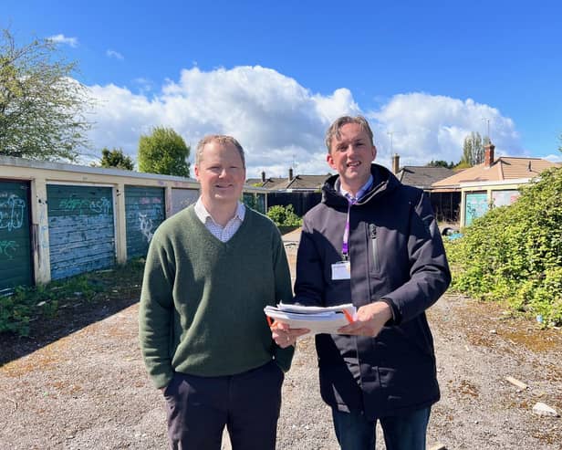 MP Neil O'Brien meeting Steve Eaves from Platform Housing Group at the derelict garage site.